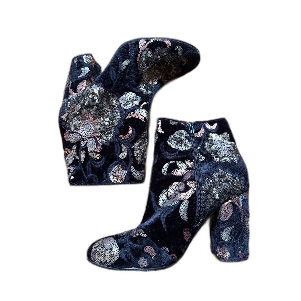 ALDO Fiery Black Velvet Sequin Floral Brocade Block Heel Ankle Boots Size 9